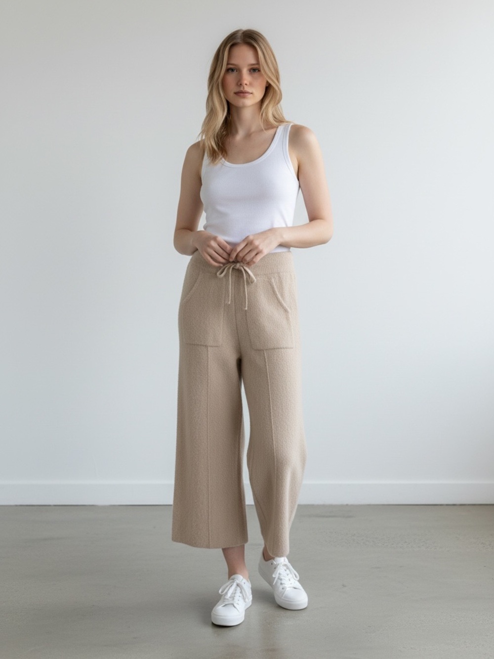 Barefoot Dreams Set Carbon & Beige Cropped Wide Leg Drawstring Pants Size Small